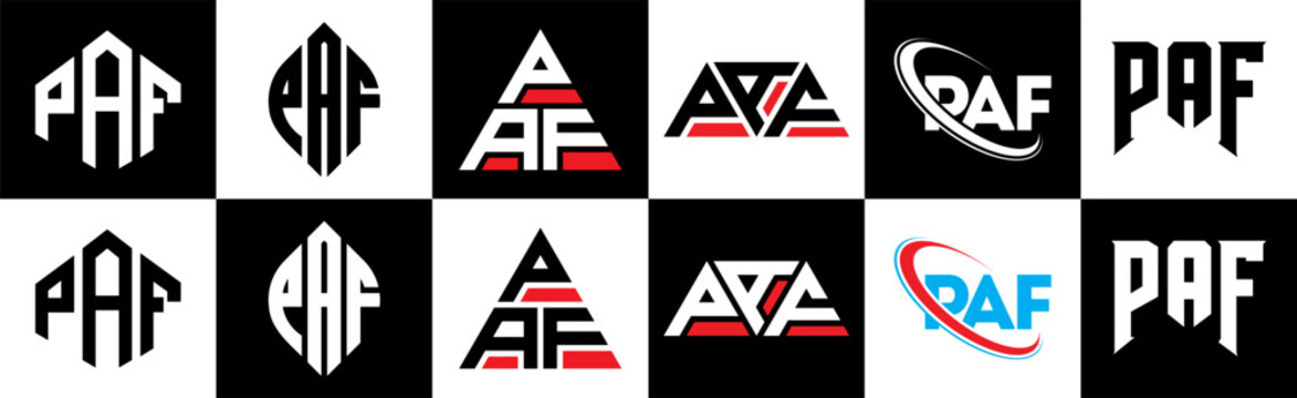 PAF letter logo design in six style. PAF polygon, circle, triangle, hexagon, flat and simple style with black and white color variation letter logo set in one artboard. PAF minimalist and classic logo
