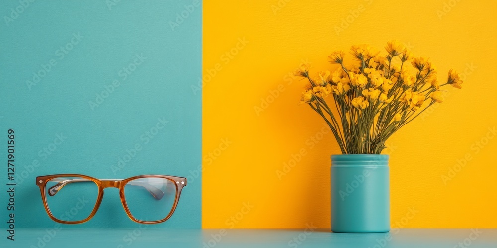 Poster retro aesthetic workspace vibrant notebooks and writing tools with glasses, seamless creative flow f