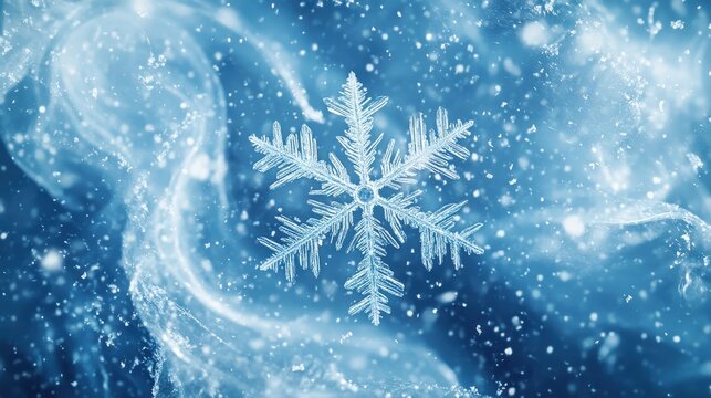 Delicate snowflake surrounded by a swirling abstract blue and white background