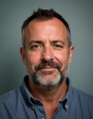 Obraz premium A mature man with gray hair, resident of USA, smiles gently. The warm lighting creates a cozy atmosphere. Calm, confident look. Experience, professionalism and intelligence in the eyes. Generative AI