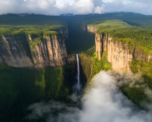 Aerial Serenity Majestic Waterfall Landscape Enveloped by Lush Green Cliffs and Misty Rocks - Eco-Tourism Visual Content for Nature Adventure Campaigns