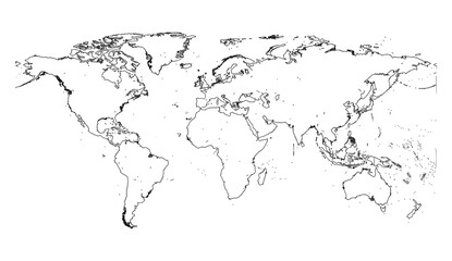 Fototapeta premium World Map Outline Contour Silhouette, Asia in Center, vector map illustration, continent outline, geographical map, world map, Asia continent, countries, borders, cartography