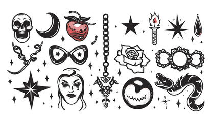 Y2k tattoo art, vector illustration, symbols of the 2000s, heart, rose, flame, bow, snake, brass knuckles, mouth, star, cherry, smile, goth chain, modern stickers