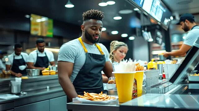A side-angle view of a cashier issuing an order in a bright fast food restaurant, showing the interaction between worker and customer