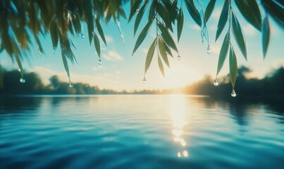Fototapeta na wymiar Serene morning at a tranquil lake with sunlit water droplets on lush green leaves