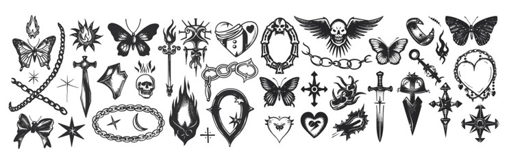 Y2k aesthetic tattoo art, goth chain, butterfly knife, broken mirror, heart, flame, bow, blackthorn, blade, mouth, 2000s style symbols, modern tattoo line, stickers