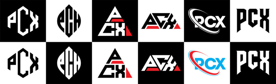 PCX letter logo design in six style. PCX polygon, circle, triangle, hexagon, flat and simple style with black and white color variation letter logo set in one artboard. PCX minimalist and classic logo