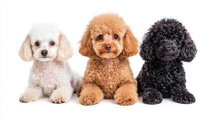 Poodle dog portrait collection (white, brown, black), animal bundle isolated on a white background.