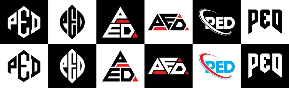 PED letter logo design in six style. PED polygon, circle, triangle, hexagon, flat and simple style with black and white color variation letter logo set in one artboard. PED minimalist and classic logo