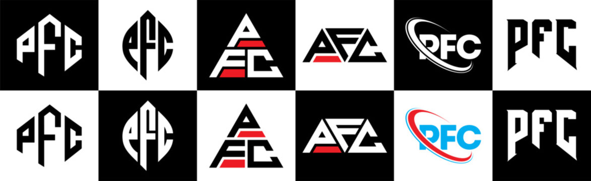 PFC letter logo design in six style. PFC polygon, circle, triangle, hexagon, flat and simple style with black and white color variation letter logo set in one artboard. PFC minimalist and classic logo