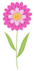 Pink multi-petal flower with stamens and leaves stem with two leaves in graininess. Vector illustration.