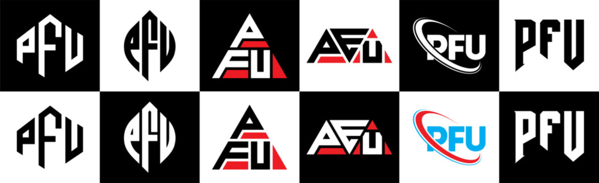 PFU letter logo design in six style. PFU polygon, circle, triangle, hexagon, flat and simple style with black and white color variation letter logo set in one artboard. PFU minimalist and classic logo