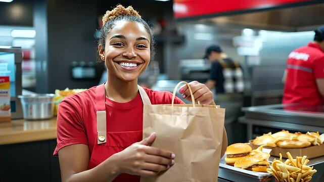 A smiling fast food cashier handing a brown paper bag across the counter, with a blurred interior of a fast food restaurant in the background