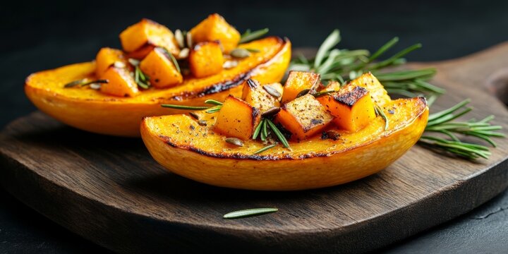 Rustic Autumn Recipe Content Roasted Stuffed Butternut Squash Halves on Wooden Board Seasonal Harvest for Culinary Marketing and Eco-Friendly Lifestyle Promotion