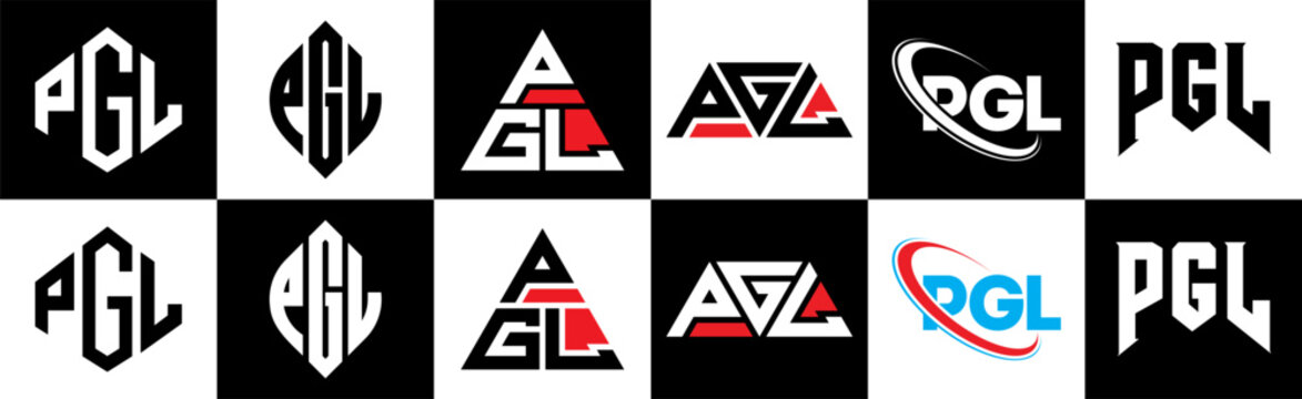 PGL letter logo design in six style. PGL polygon, circle, triangle, hexagon, flat and simple style with black and white color variation letter logo set in one artboard. PGL minimalist and classic logo