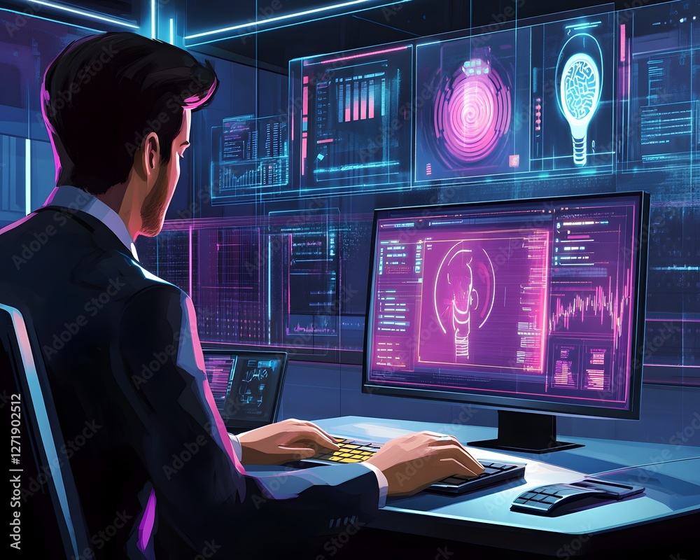 Poster a modern tech professional analyzes data on a high-tech computer screen with vibrant graphics. the w