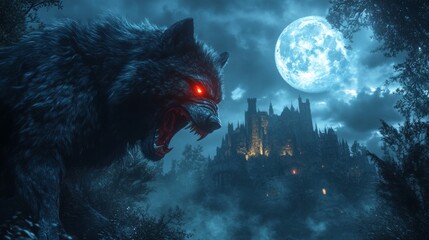 Werewolf howling at full moon over dark castle night scene fantasy artwork mysterious