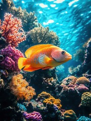 Obraz premium A vibrant orange fish swims gracefully among colorful corals in a clear blue ocean, showcasing the beauty of marine life.