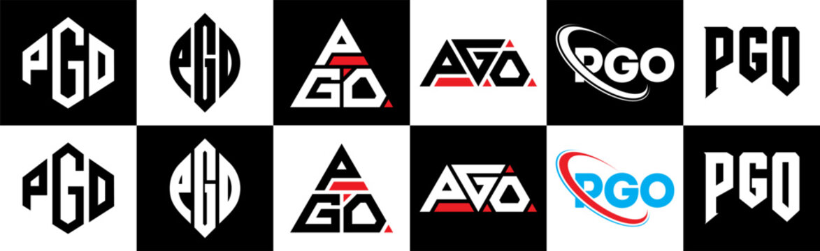 PGO letter logo design in six style. PGO polygon, circle, triangle, hexagon, flat and simple style with black and white color variation letter logo set in one artboard. PGO minimalist and classic logo