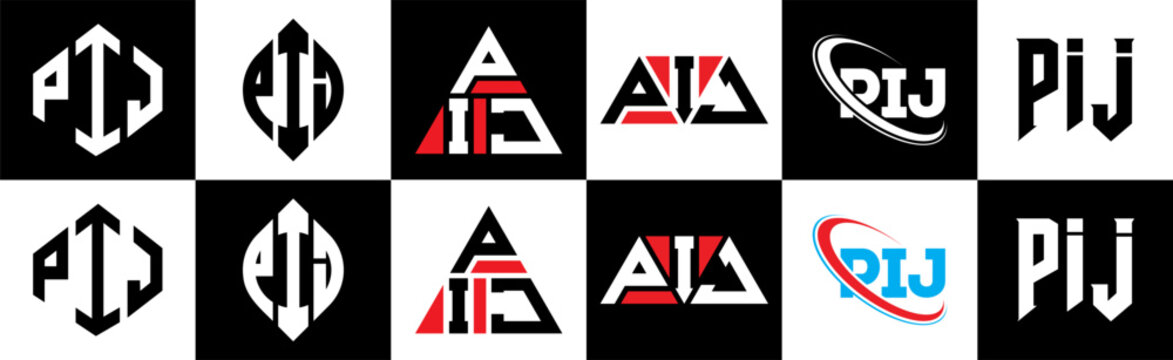 PIJ letter logo design in six style. PIJ polygon, circle, triangle, hexagon, flat and simple style with black and white color variation letter logo set in one artboard. PIJ minimalist and classic logo