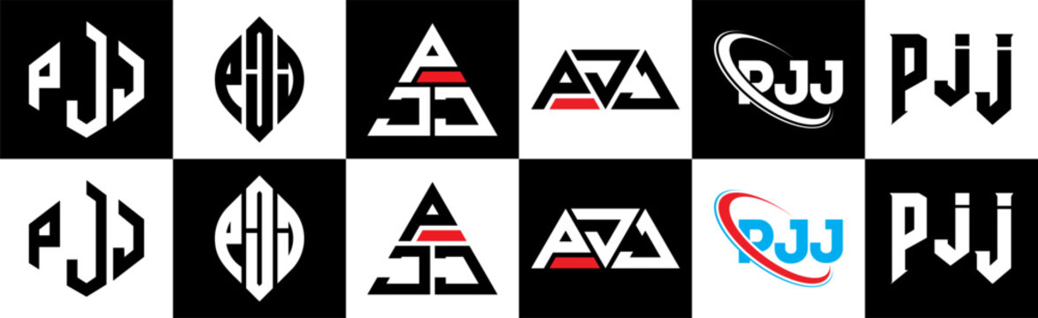 PJJ letter logo design in six style. PJJ polygon, circle, triangle, hexagon, flat and simple style with black and white color variation letter logo set in one artboard. PJJ minimalist and classic logo