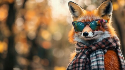 Stylish fox wearing sunglasses and a scarf poses in a vibrant autumn forest with colorful leaves. Generative AI