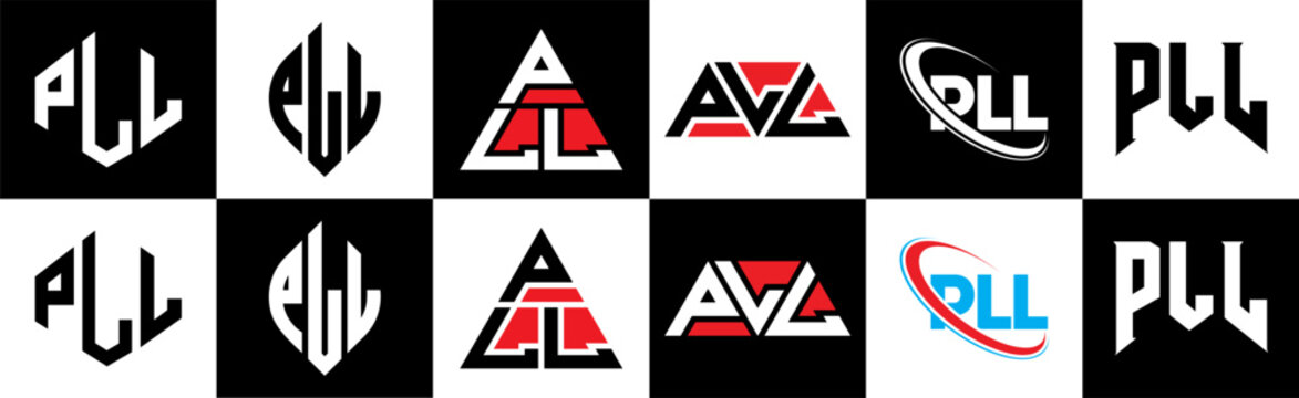 PLL letter logo design in six style. PLL polygon, circle, triangle, hexagon, flat and simple style with black and white color variation letter logo set in one artboard. PLL minimalist and classic logo
