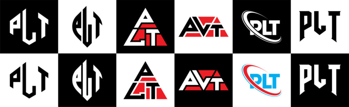 PLT letter logo design in six style. PLT polygon, circle, triangle, hexagon, flat and simple style with black and white color variation letter logo set in one artboard. PLT minimalist and classic logo