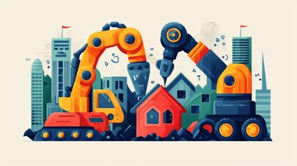 Fototapeta premium Colorful illustration of construction machinery working on urban development scene.