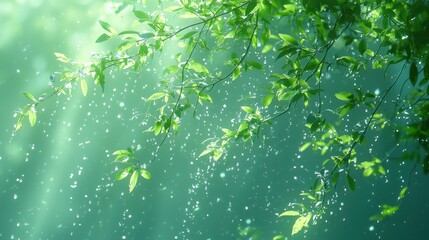 Lush forest leaves, rain drops, morning light, nature scene