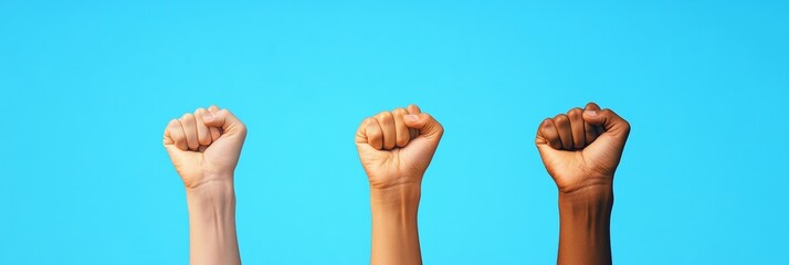 Modern Social Unity Imagery Raised Fists on Blue for Cultural Empowerment - Vibrant Advocacy Campaign Content in Dynamic Marketing Solutions