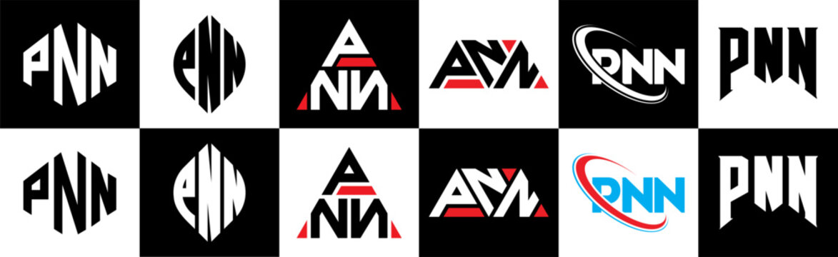 PNN letter logo design in six style. PNN polygon, circle, triangle, hexagon, flat and simple style with black and white color variation letter logo set in one artboard. PNN minimalist and classic logo