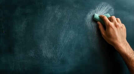 A hand is writing on a chalkboard with a green sponge
