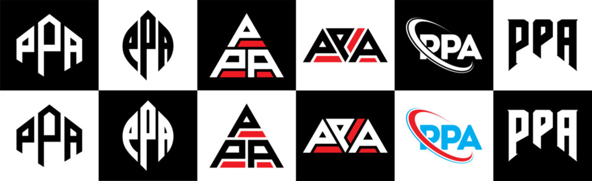 PPA letter logo design in six style. PPA polygon, circle, triangle, hexagon, flat and simple style with black and white color variation letter logo set in one artboard. PPA minimalist and classic logo