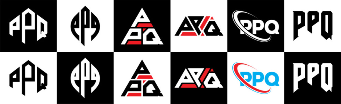 PPQ letter logo design in six style. PPQ polygon, circle, triangle, hexagon, flat and simple style with black and white color variation letter logo set in one artboard. PPQ minimalist and classic logo