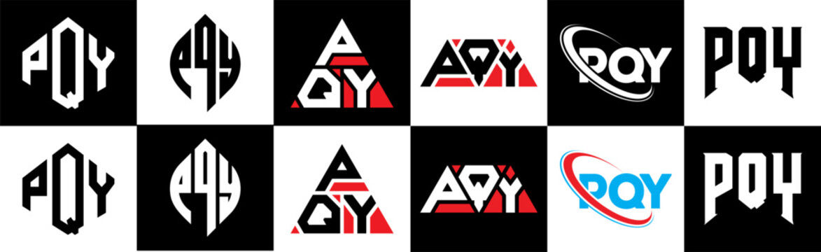 PQY letter logo design in six style. PQY polygon, circle, triangle, hexagon, flat and simple style with black and white color variation letter logo set in one artboard. PQY minimalist and classic logo