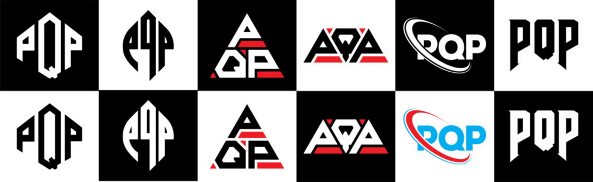 PQP letter logo design in six style. PQP polygon, circle, triangle, hexagon, flat and simple style with black and white color variation letter logo set in one artboard. PQP minimalist and classic logo