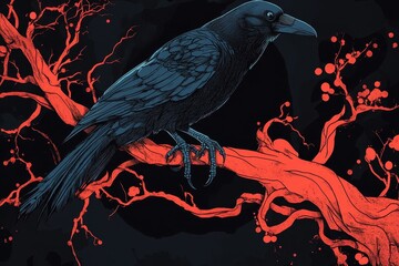 Illustration of a raven perched on a red tree branch
