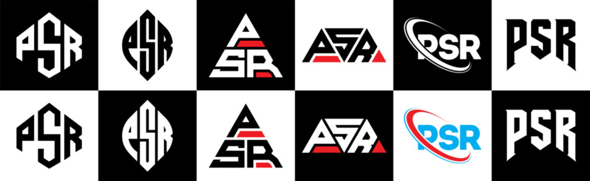 PSR letter logo design in six style. PSR polygon, circle, triangle, hexagon, flat and simple style with black and white color variation letter logo set in one artboard. PSR minimalist and classic logo