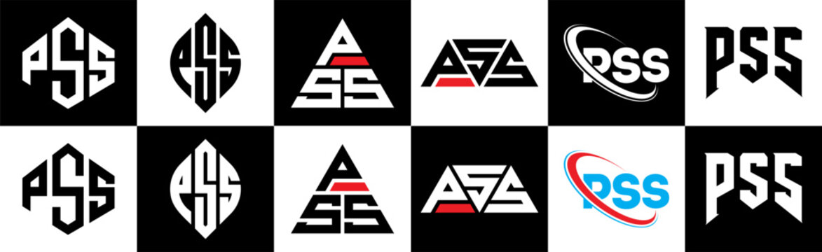 PSS letter logo design in six style. PSS polygon, circle, triangle, hexagon, flat and simple style with black and white color variation letter logo set in one artboard. PSS minimalist and classic logo
