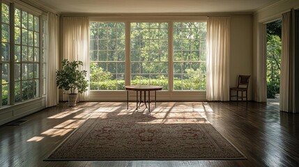 Fototapeta premium Sunlit Room with Large Windows and Ornate Carpet