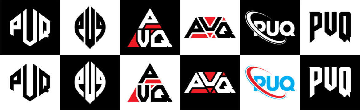 PUQ letter logo design in six style. PUQ polygon, circle, triangle, hexagon, flat and simple style with black and white color variation letter logo set in one artboard. PUQ minimalist and classic logo
