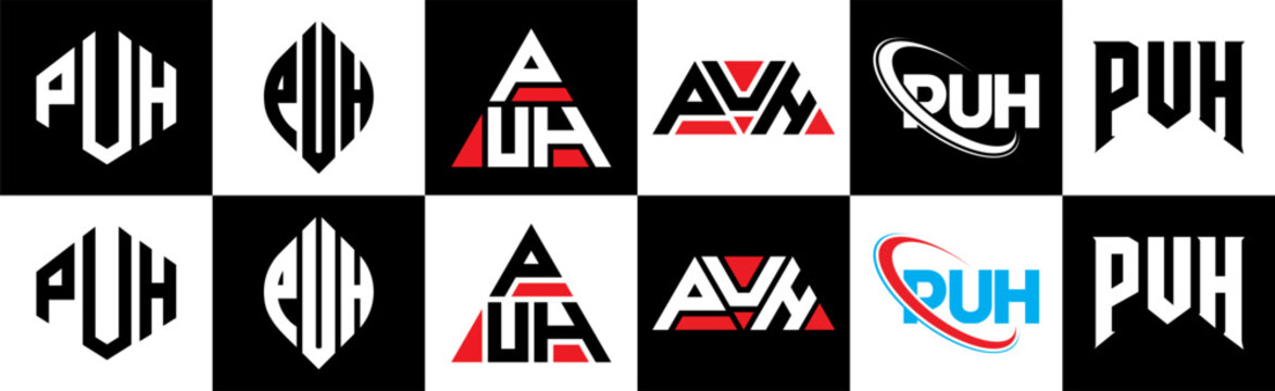 PUH letter logo design in six style. PUH polygon, circle, triangle, hexagon, flat and simple style with black and white color variation letter logo set in one artboard. PUH minimalist and classic logo
