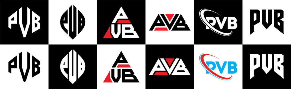 PVB letter logo design in six style. PVB polygon, circle, triangle, hexagon, flat and simple style with black and white color variation letter logo set in one artboard. PVB minimalist and classic logo