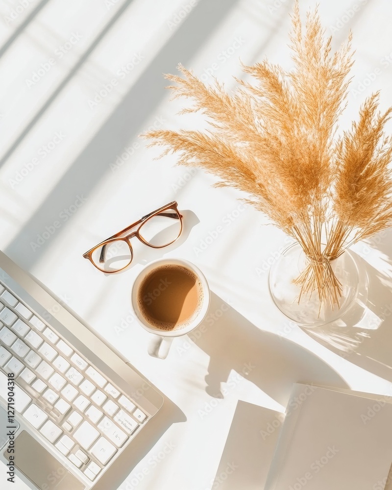 Poster scandinavian minimalist workspace laptop with coffee and dried pampas on white desk - business conte