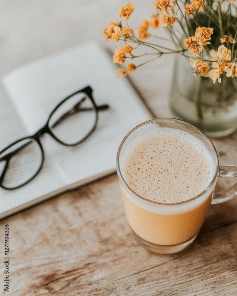 Poster cozy minimalist workspace latte with glasses and book on rustic wooden table - creative content camp