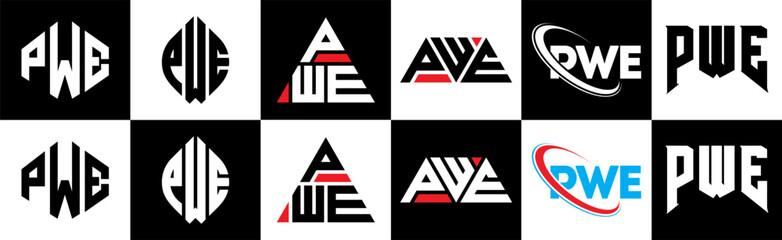 PWE letter logo design in six style. PWE polygon, circle, triangle, hexagon, flat and simple style with black and white color variation letter logo set in one artboard. PWE minimalist and classic logo