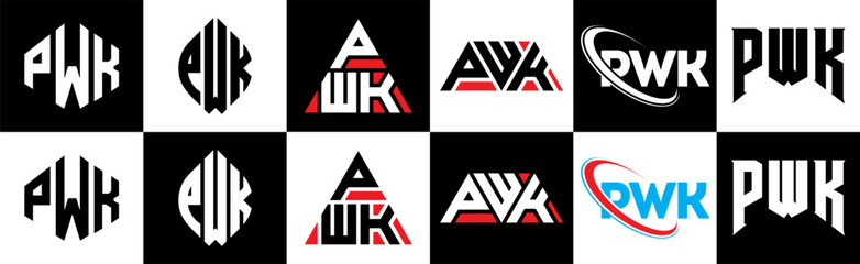 PWK letter logo design in six style. PWK polygon, circle, triangle, hexagon, flat and simple style with black and white color variation letter logo set in one artboard. PWK minimalist and classic logo