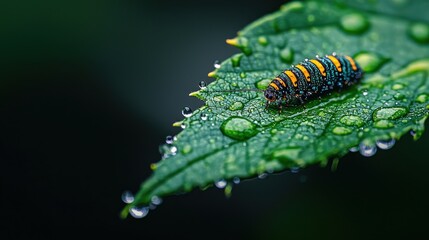 Caterpillar crawling raindrop-drenched leaf lush green environment macro nature beauty close-up perspective