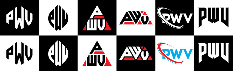 PWV letter logo design in six style. PWV polygon, circle, triangle, hexagon, flat and simple style with black and white color variation letter logo set in one artboard. PWV minimalist and classic logo